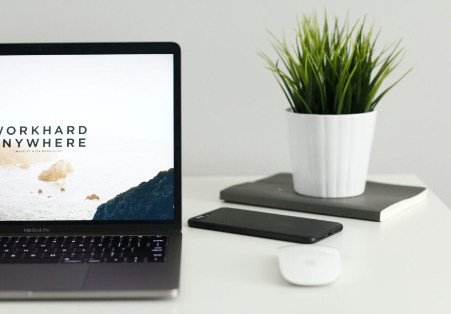 MacBook Pro near green potted plant on table